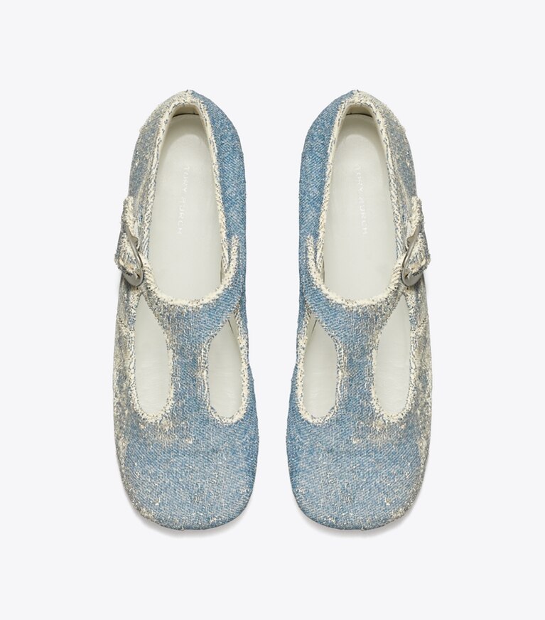 Tory Burch designer mocassins Sandales style salomé violettes dans DENIM vue du dessus