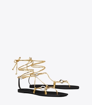 Tory Burch diseñador sandalias Sandalia con cordones y eslabones en GOLD LEAF ángulo