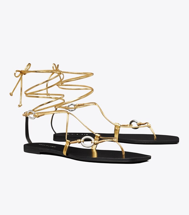 Tory Burch diseñador sandalias Sandalia con cordones y eslabones en GOLD LEAF ángulo
