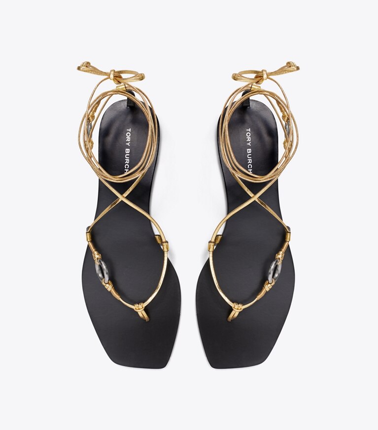Tory Burch diseñador sandalias Sandalia con cordones y eslabones en GOLD LEAF vista superior