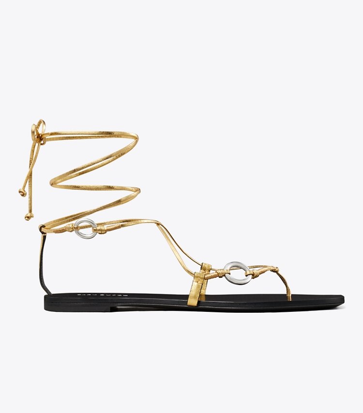 Tory Burch diseñador sandalias Sandalia con cordones y eslabones en GOLD LEAF lateral