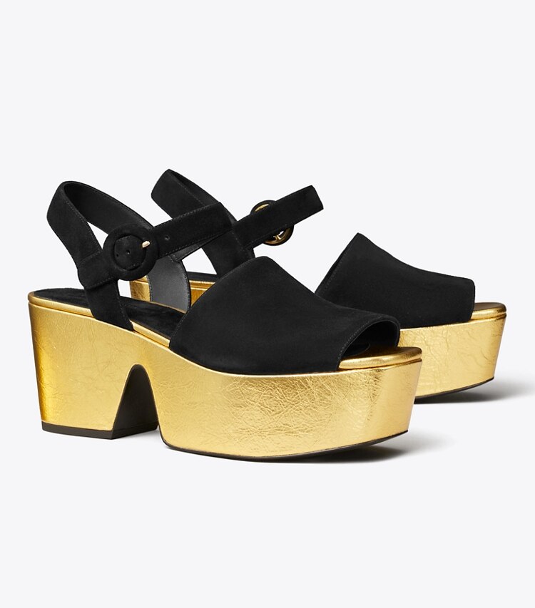 Tory Burch diseñador sandalias Sandalia con plataforma en PERFECT BLACK / CHAMPAGNE ángulo