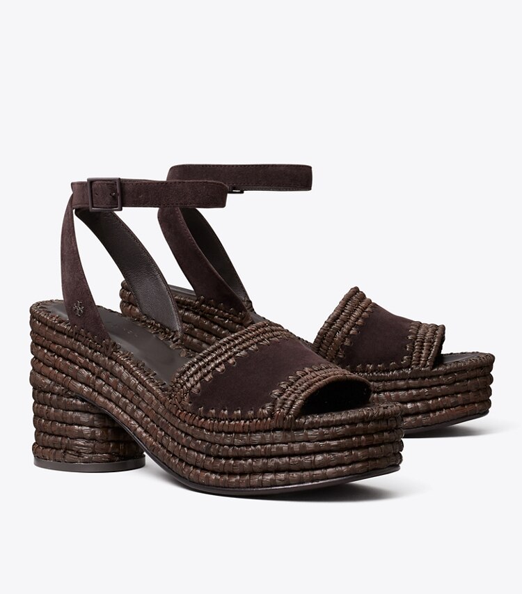 Tory Burch diseñador sandalias Sandalia con plataforma de rafia en COCO ángulo