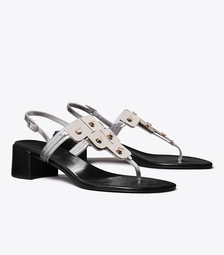 Tory Burch diseñador sandalias Sandalia con tacón Gladiator Capri en SILVER ángulo
