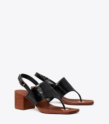 Tory Burch diseñador sandalias Sandalia con tacón tipo moneda doble T en PERFECT BLACK ángulo