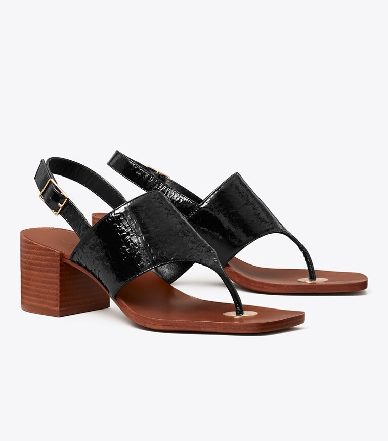 Tory Burch diseñador sandalias Sandalia con tacón tipo moneda doble T en PERFECT BLACK ángulo