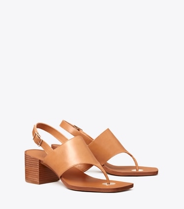 Tory Burch diseñador sandalias Sandalia con tacón tipo moneda doble T en TAN ángulo