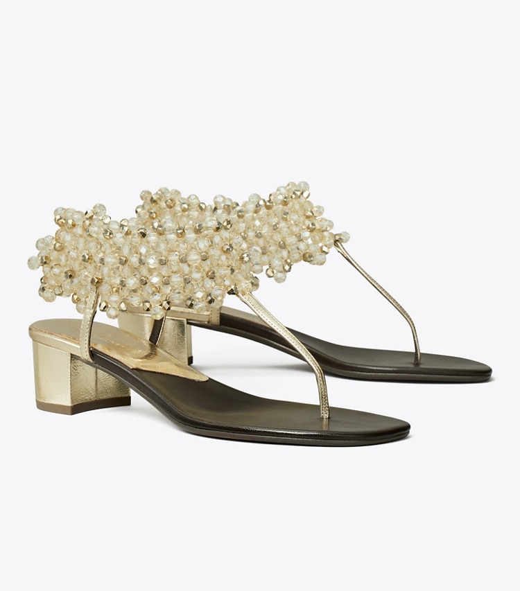 Tory Burch diseñador sandalias Sandalia con tacón y cuentas en Spark Gold ángulo