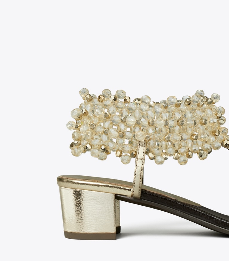 Tory Burch diseñador sandalias Sandalia con tacón y cuentas en Spark Gold detalle