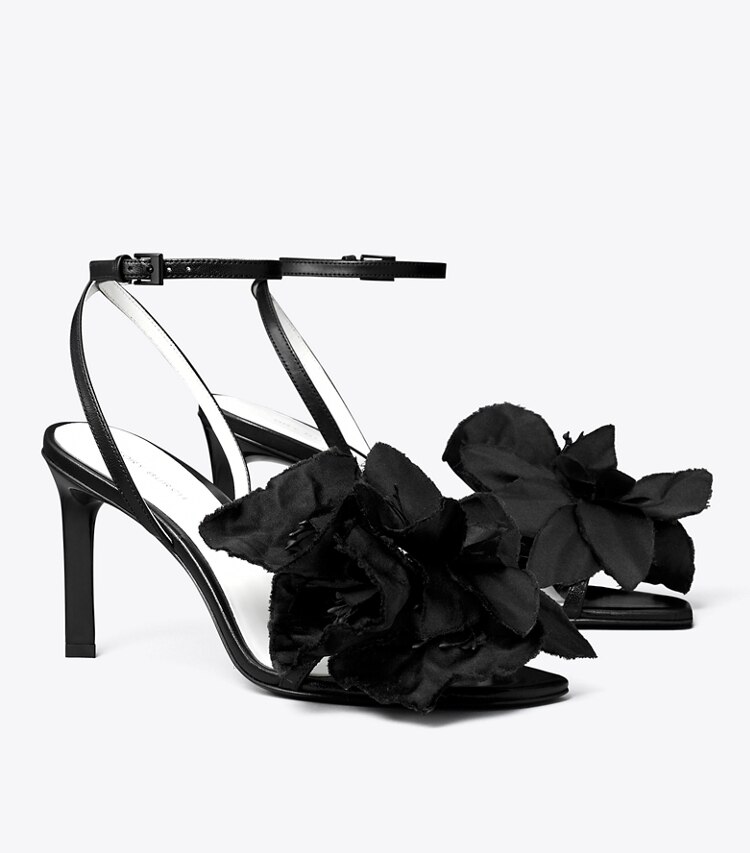 Tory Burch diseñador sandalias Sandalia con tacón y flores en PERFECT BLACK ángulo