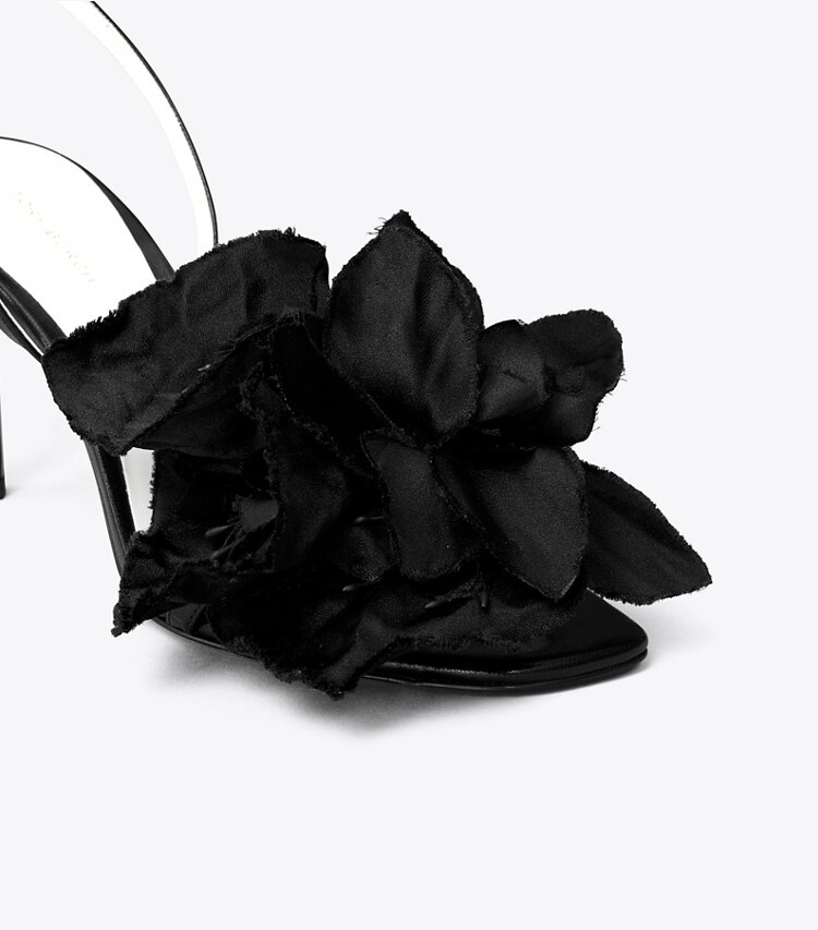Tory Burch diseñador sandalias Sandalia con tacón y flores en PERFECT BLACK detalle