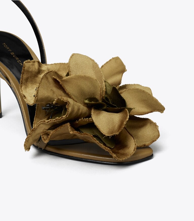 Tory Burch diseñador sandalias Sandalia con tacón y flores en OLIVE GREEN detalle