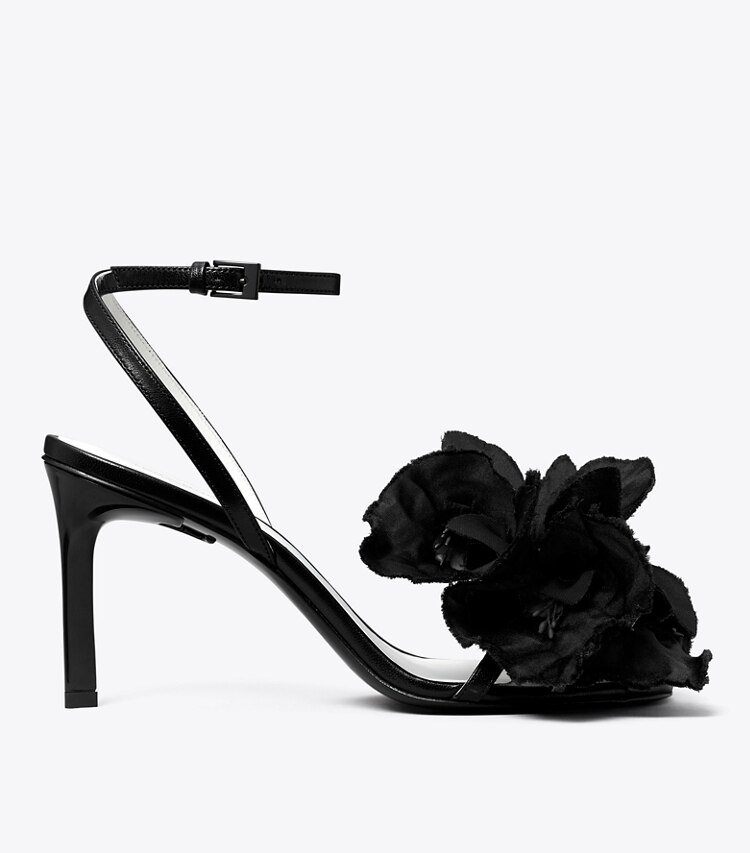 Tory Burch diseñador sandalias Sandalia con tacón y flores en PERFECT BLACK lateral