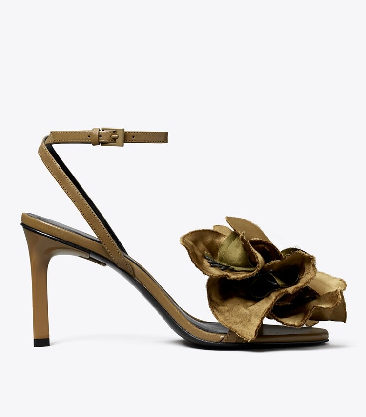 Tory Burch diseñador sandalias Sandalia con tacón y flores en OLIVE GREEN lateral