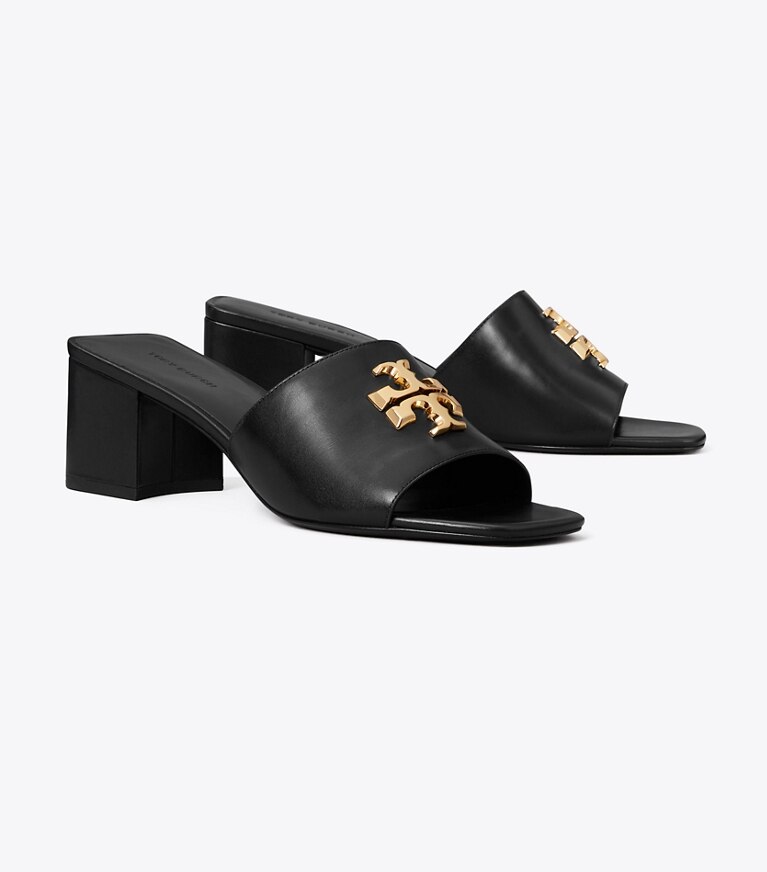 Tory Burch diseñador sandalias Sandalia con tacones Eleanor en PERFECT BLACK / GOLD ángulo