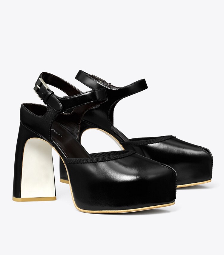 Tory Burch diseñador tacones Sandalia de plataforma con puntera abierta en PERFECT BLACK ángulo