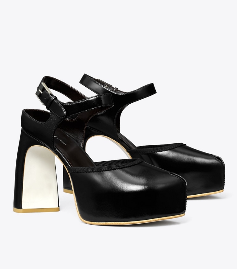 Tory Burch diseñador tacones Sandalia de plataforma con puntera abierta en PERFECT BLACK ángulo