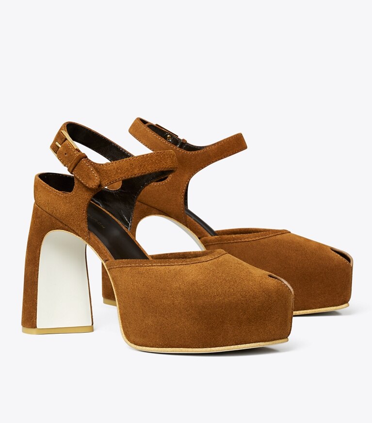 Tory Burch diseñador tacones Sandalia de plataforma con puntera abierta en Caramel ángulo