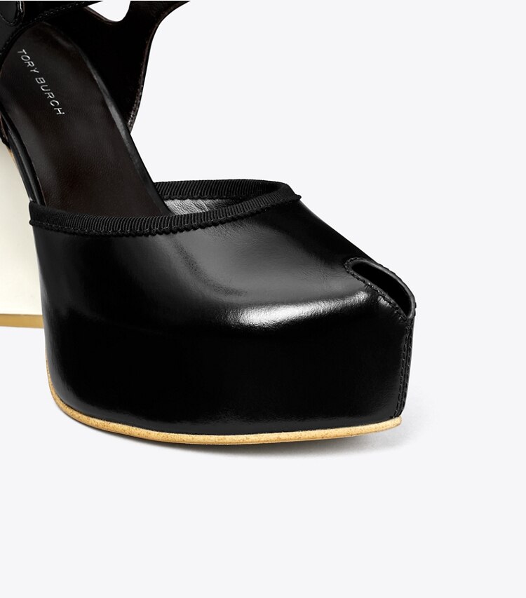 Tory Burch diseñador tacones Sandalia de plataforma con puntera abierta en PERFECT BLACK detalle
