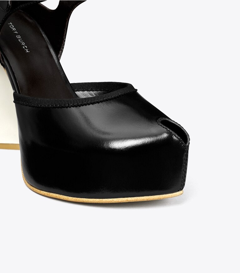 Tory Burch diseñador tacones Sandalia de plataforma con puntera abierta en PERFECT BLACK detalle