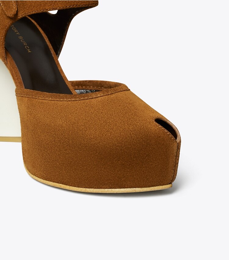 Tory Burch diseñador tacones Sandalia de plataforma con puntera abierta en Caramel detalle