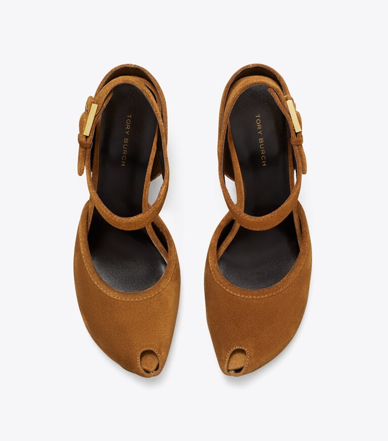 Tory Burch diseñador tacones Sandalia de plataforma con puntera abierta en Caramel vista superior