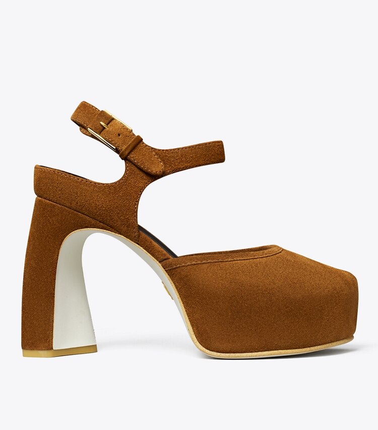 Tory Burch diseñador tacones Sandalia de plataforma con puntera abierta en Caramel lateral
