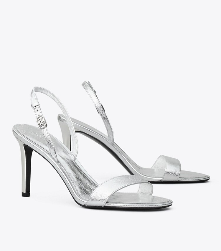 Tory Burch diseñador sandalias Sandalia de tacón con hebilla doble T en SHINY SILVER ángulo