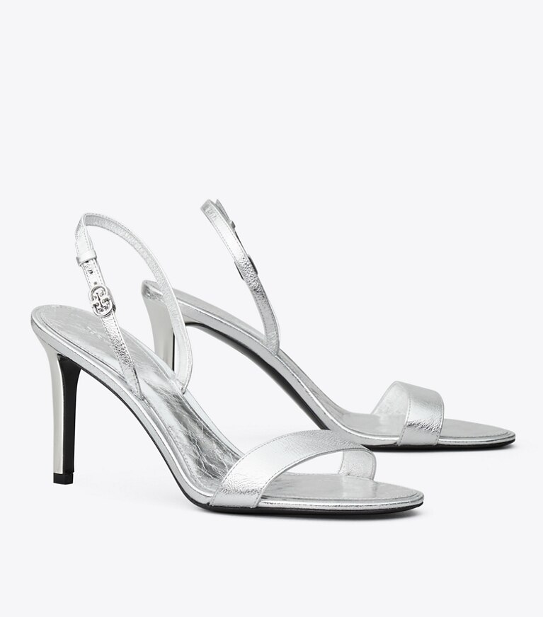 Tory Burch diseñador sandalias Sandalia de tacón con hebilla doble T en SHINY SILVER ángulo