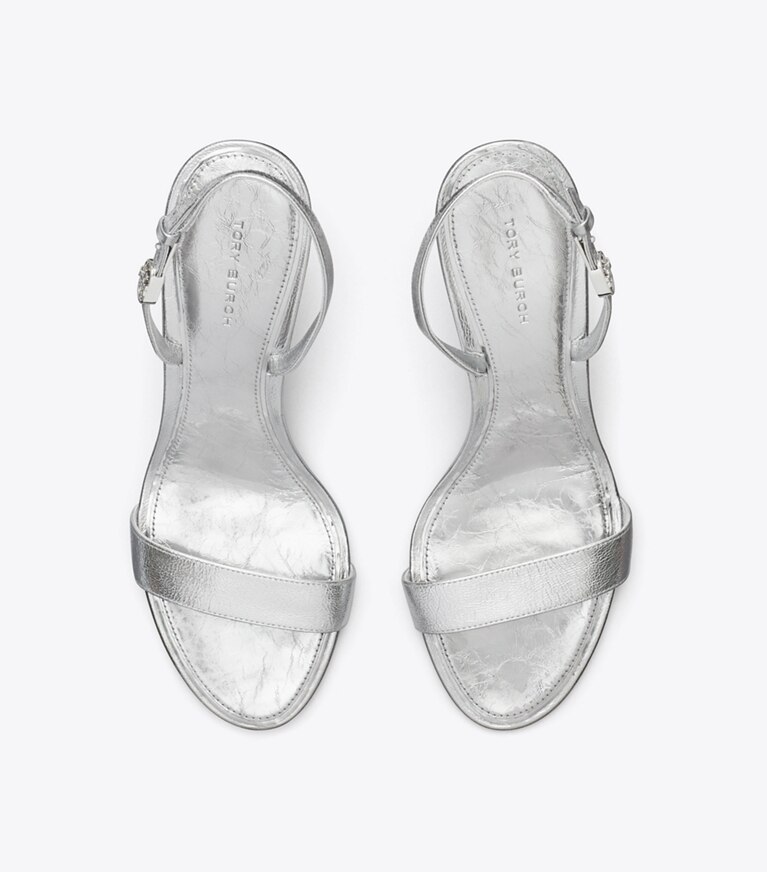 Tory Burch diseñador sandalias Sandalia de tacón con hebilla doble T en SHINY SILVER vista superior