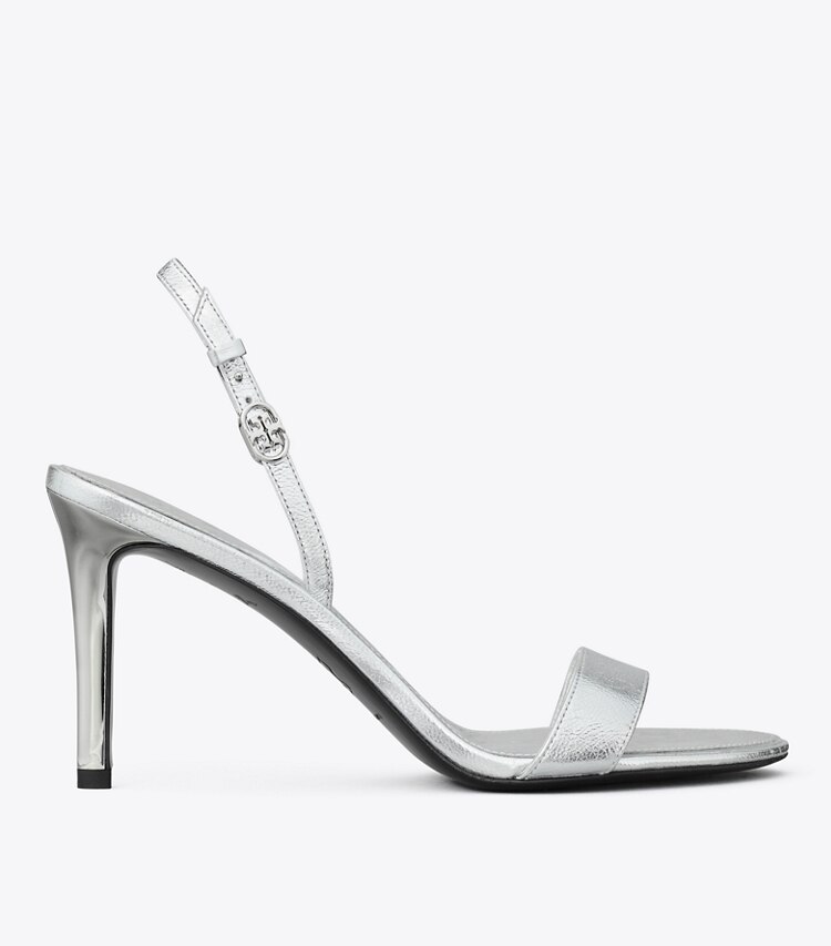 Tory Burch diseñador sandalias Sandalia de tacón con hebilla doble T en SHINY SILVER lateral