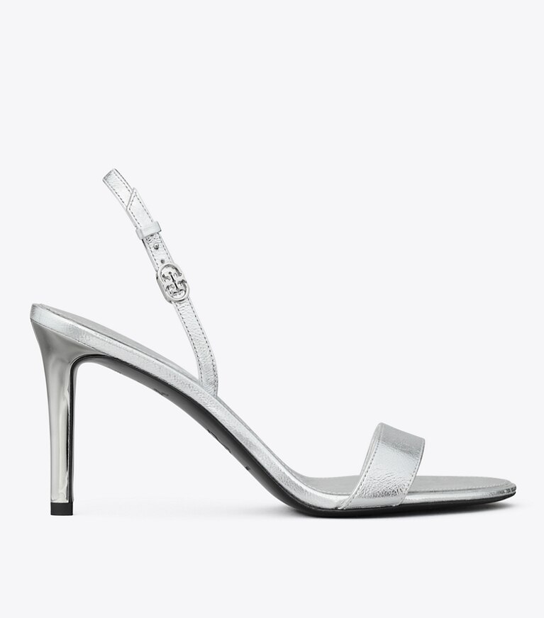 Tory Burch diseñador sandalias Sandalia de tacón con hebilla doble T en SHINY SILVER lateral