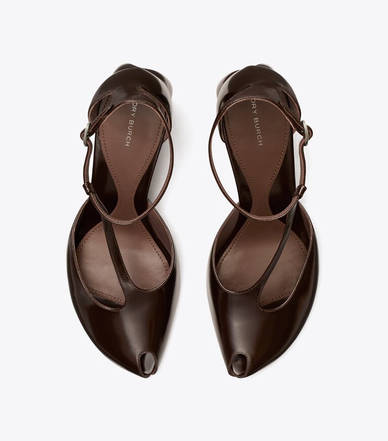 Tory Burch diseñador tacones Sandalia de tacón con tira en T y punta abierta en DEEP BROWN vista superior