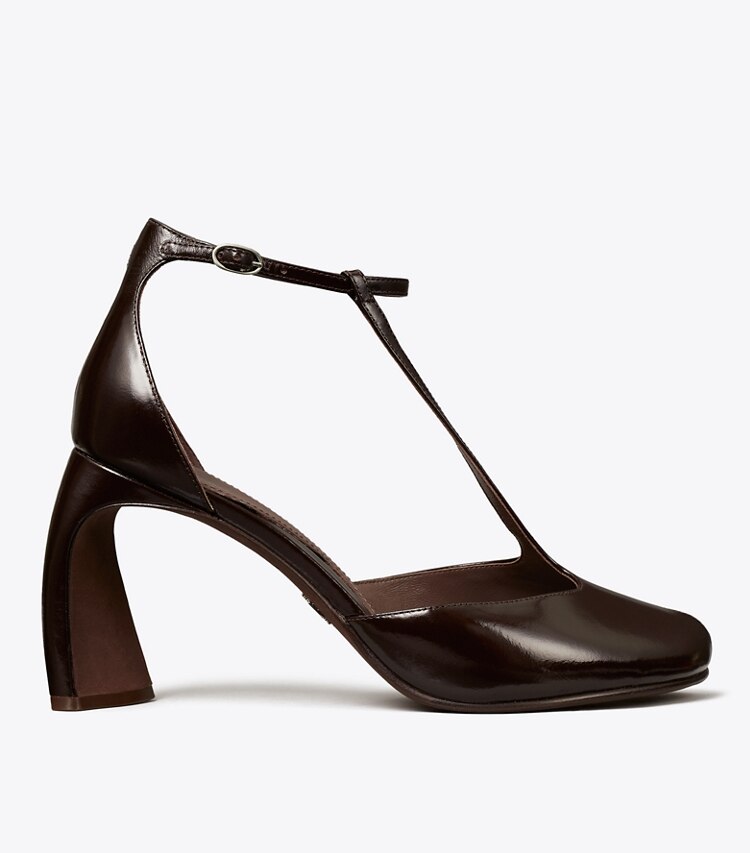 Tory Burch diseñador tacones Sandalia de tacón con tira en T y punta abierta en DEEP BROWN lateral
