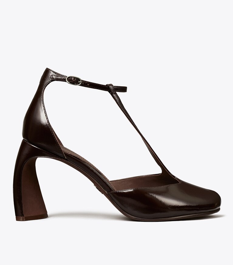 Tory Burch diseñador tacones Sandalia de tacón con tira en T y punta abierta en DEEP BROWN lateral