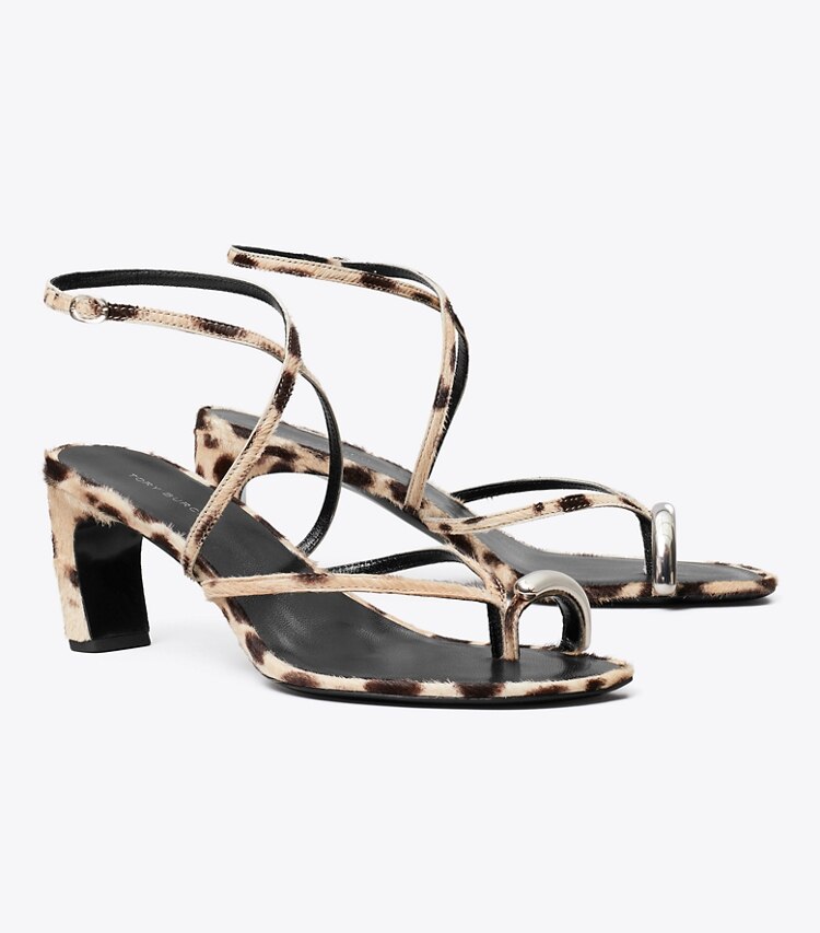 Tory Burch diseñador sandalias Sandalia de tacón de 65 mm con tiras Pierced en CHEETAH SPOTS / SILVER ángulo