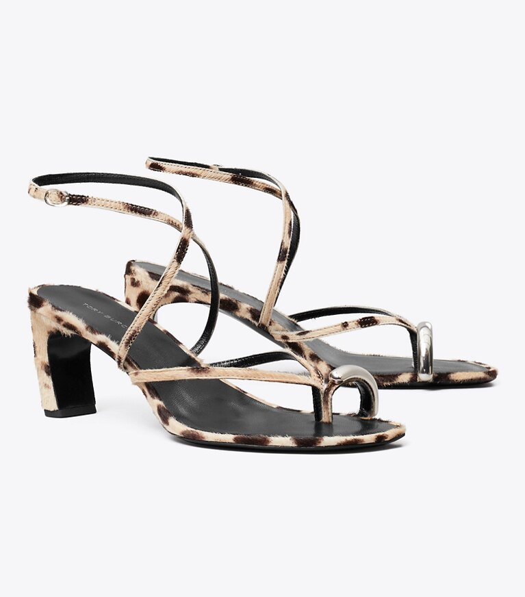 Tory Burch diseñador sandalias Sandalia de tacón de 65 mm con tiras Pierced en CHEETAH SPOTS / SILVER ángulo