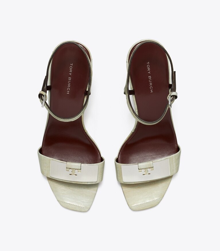 Tory Burch diseñador sandalias Sandalia Gigi con cuña en DRIFTWOOD / SILVER vista superior