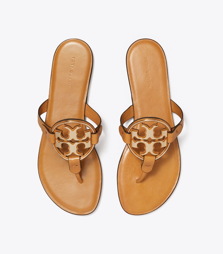 Tory Burch diseñador sandalias Sandalia metalizada Miller en WALNUT / GOLD vista superior