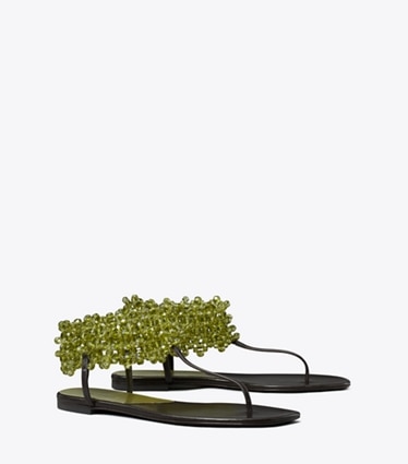 Tory Burch diseñador sandalias Sandalia plana con cuentas en OLIVE ángulo