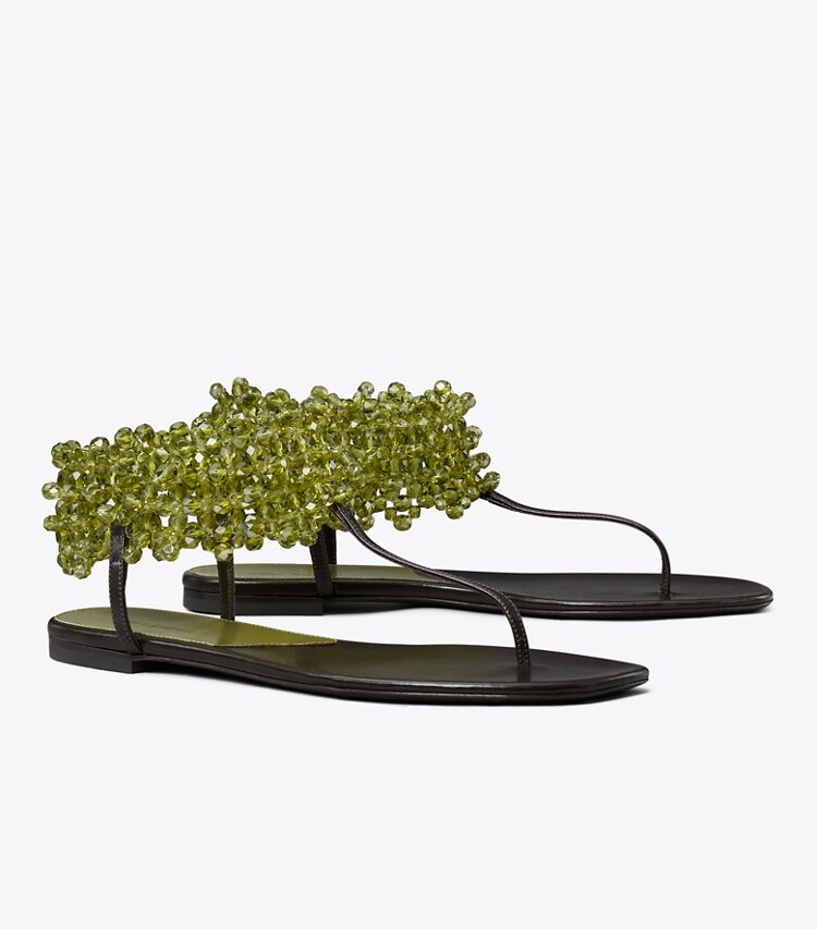 Tory Burch diseñador sandalias Sandalia plana con cuentas en OLIVE ángulo