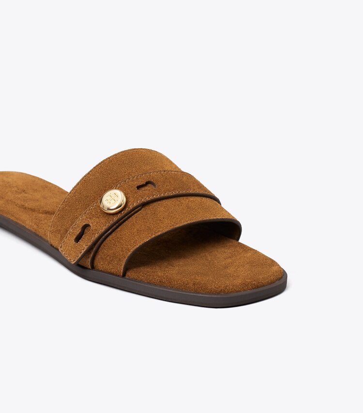 Tory Burch diseñador sandalias Sandalia Romy en Caramel detalle