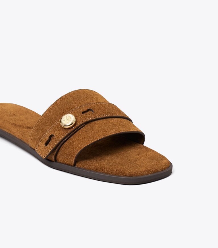 Tory Burch diseñador sandalias Sandalia Romy en Caramel detalle