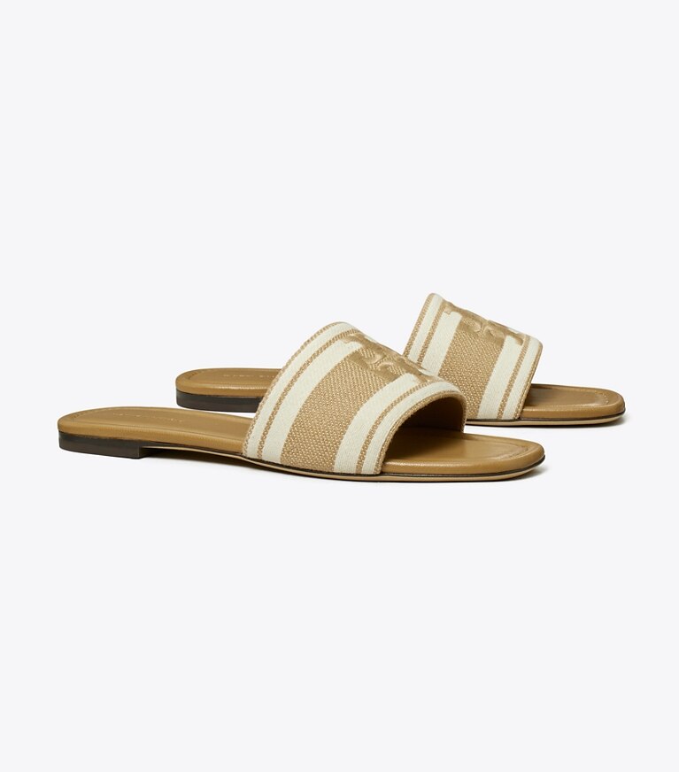 Tory Burch diseñador sandalias Sandalia slide doble T de jacquard en CAMMELLO / Ash White ángulo