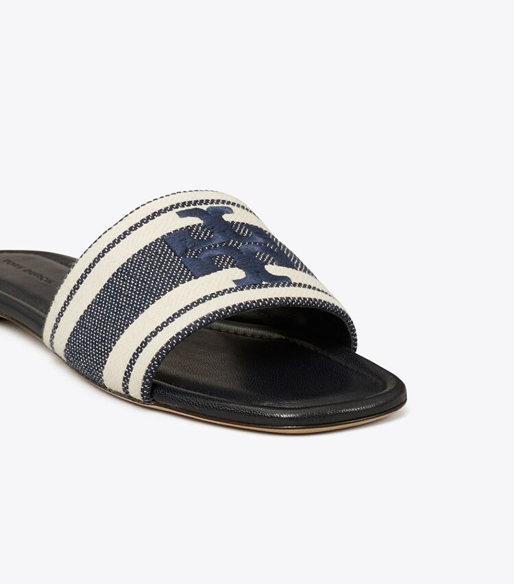 Tory Burch diseñador sandalias Sandalia slide doble T de jacquard en Blue Chiaro / Ash White detalle