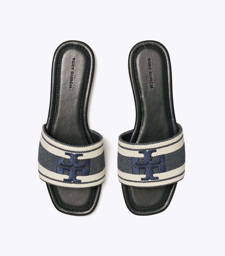 Tory Burch diseñador sandalias Sandalia slide doble T de jacquard en Blue Chiaro / Ash White vista superior
