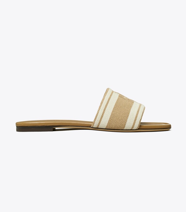 Tory Burch diseñador sandalias Sandalia slide doble T de jacquard en CAMMELLO / Ash White lateral