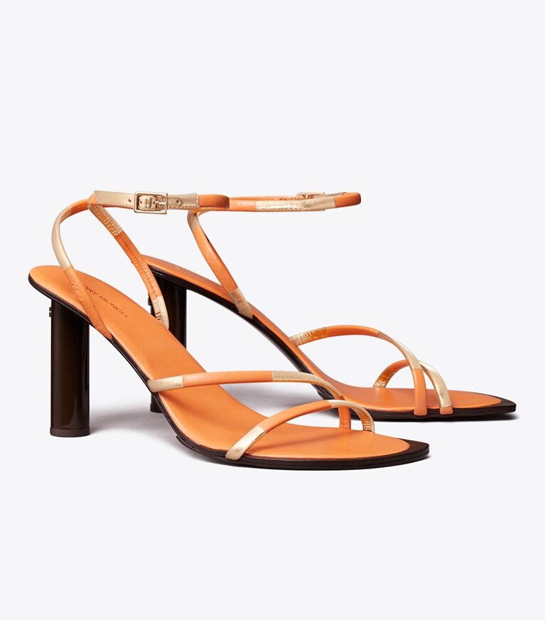 Tory Burch diseñador sandalias Sandalias de tacón con tiras Split Mignon en CITRUS JUICE / ROSE GOLD ángulo