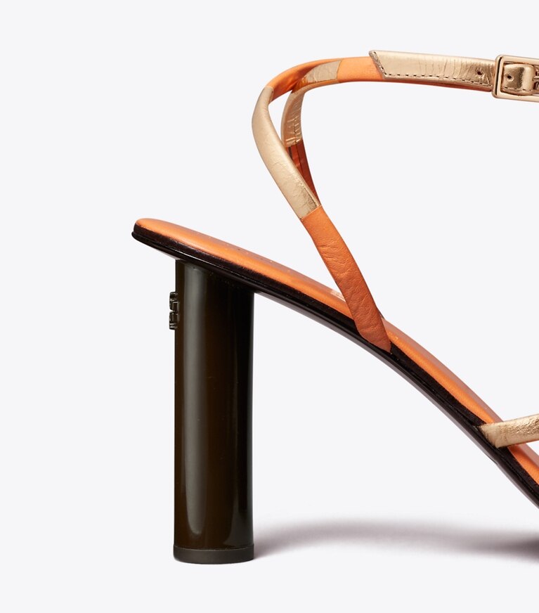Tory Burch diseñador sandalias Sandalias de tacón con tiras Split Mignon en CITRUS JUICE / ROSE GOLD detalle