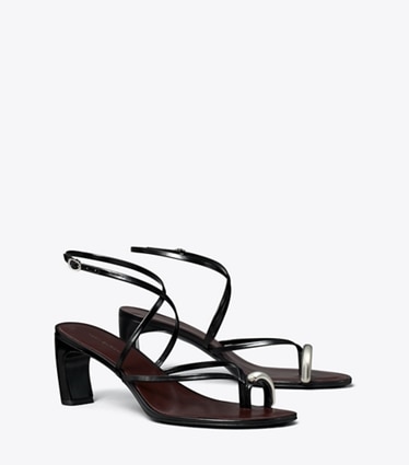 Tory Burch diseñador sandalias Sandalias de tacón con varias tiras Pierced en PERFECT BLACK / SILVER ángulo